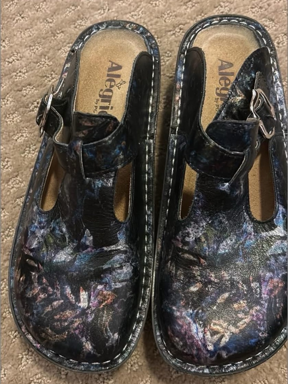Alegria size 37 navy metallic print Clogs